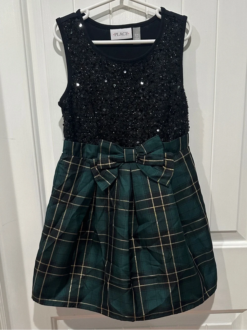Children’s Place Dress- Black Sequin Top with Dark Green Plaid Bow Skirt - Girls